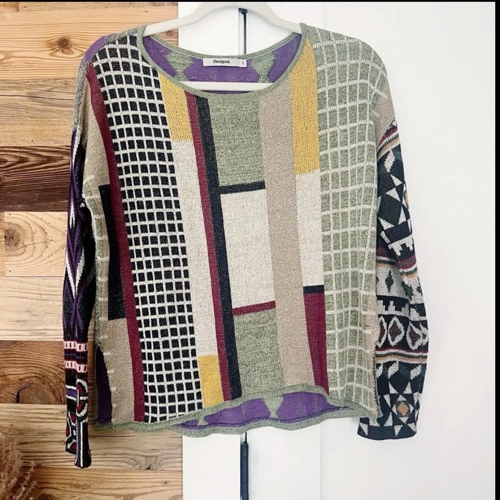 Desigual Silvershalis Patchwork Mixed Print Metallic Detail Nordic Sweater Small